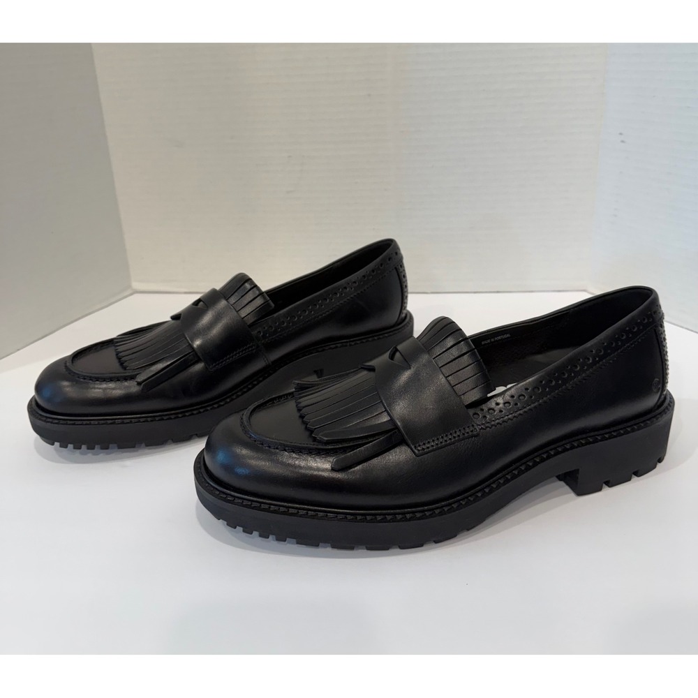 ECCO New Preppy Black Leather Lug Sole Kiltie Penny Loafer Slip On Shoes 8